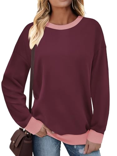 Cuptacc Sudaderas Mujer Sin Capucha Cuello Crew Manga Larga Camiseta Mujer Bloques De Color Suave Cómoda De Canalé Basicos Jersey Morado XXL