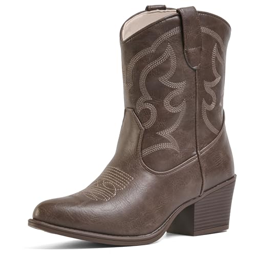 Image of IXU Cowboy Boots for Women Wide Suede Ankle Western Cowgirl Boots Mid Calf Pointed Toe Short Chunky Classic Booties