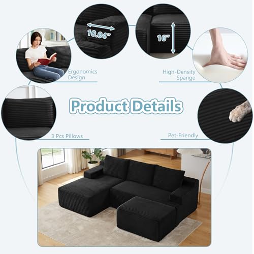 Image of 96 inch W Cloud Sectional Couch with Ottoman,Modern U-Shaped Cloud Couch with Side Pockets,Comfy Corduroy Sofa,Memory Foam Sofa for Living Room,No Assembly (Black,Right-Facing Chaise)