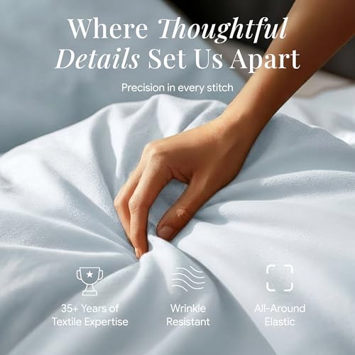 Image of Tribeca Living Queen Flannel Fitted Sheet 170 GSM Brushed Cotton - Extra Deep Pocket Fits Mattresses up to 24 Inches - Warm and Cozy for Cold Nights in Sky Blue