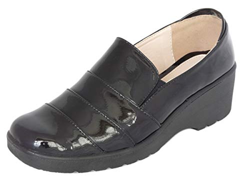 Cushion Walk Women's Ladies Lightweight Faux Leather Slip-on Low Wedge Shoes, Flats, Casual Work Office Comfort Shoes - Mat Black or Patent Black (5 UK, Black Patent)