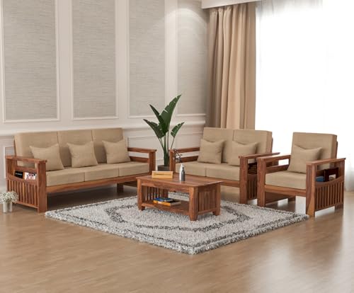 Image of KINGS HOME FURNITURE Sheesham Wooden 6 Seater Sofa for Living Room | Rosewood 6 Seater Cushion Sofa Side Half Moon Rack | Solid Wood Sofa Set for Lounge (-3+2+1,Honey)