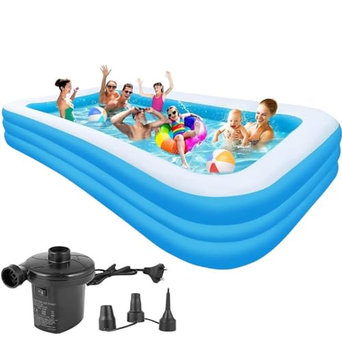10 Feet Rectangular Inflatable Pool with Electric Pump Full-Sized Swimming with Family Bathtub for Kids Adults Outdoor Backyard Garden Summer Party (Blue)