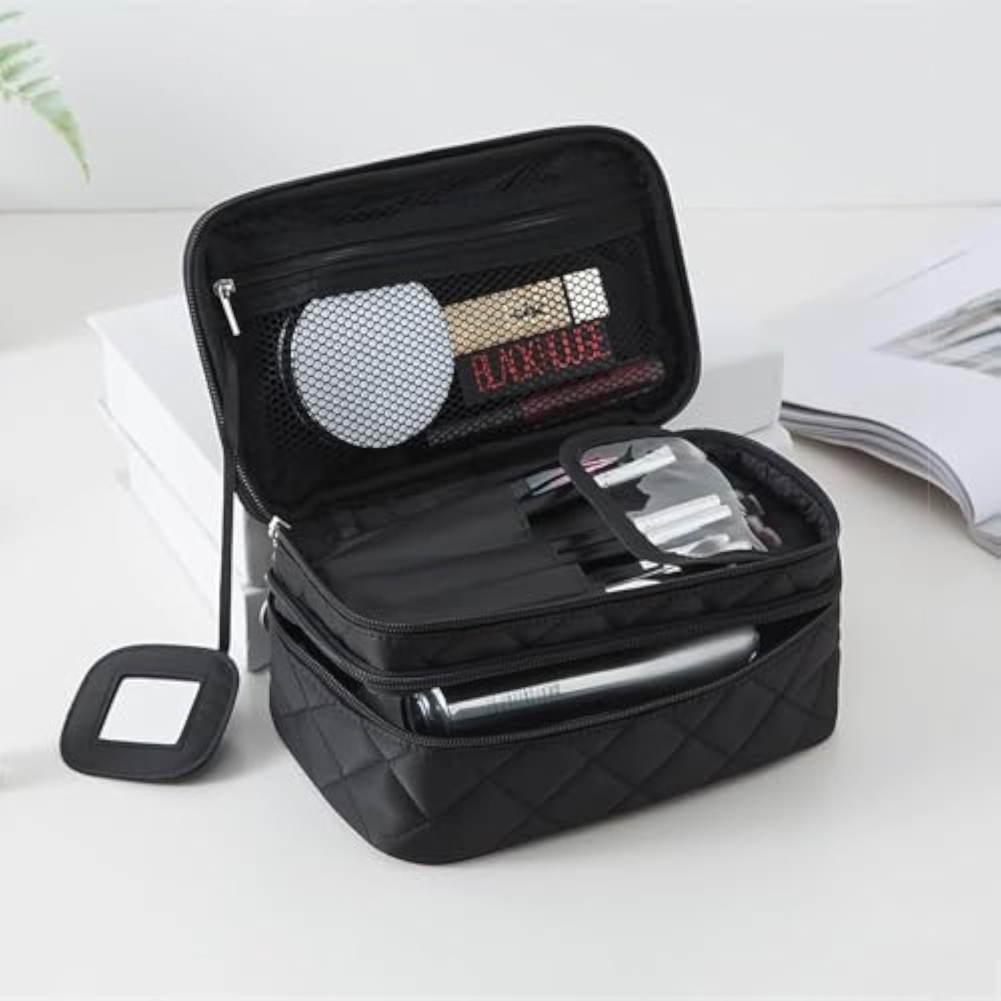 Quilted Travel Toiletry Bag, Cosmetic Bag with Mirror
