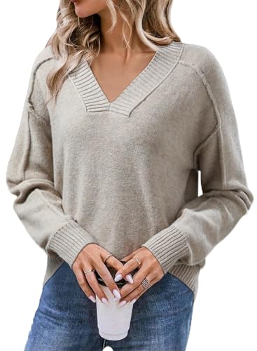 SHEWIN Womens Long Sleeve V Neck Sweaters Casual Loose Drop Shoulder Solid Knit Pullover Sweater Tops