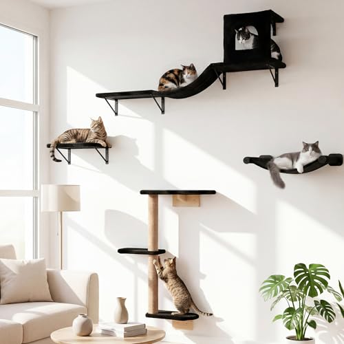 Estantes de pared para gatos, juego de muebles de pared 4 en 1, juego de marco de escalada estable para gatos para interiores, árbol de gatos con poste rascador, plataforma, hamaca y casa para dormir