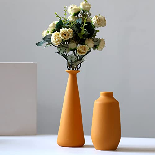 Abbittar Ceramic Vase Set Of 3, Minimalistic Style Flower Vase For Rustic Home Decor, Modern Farmhouse Decor, Living Room, Shelf Decor, Table Decor, Bookshelf, Mantel And Entryway Decor-Orange/Yellow #TOP2