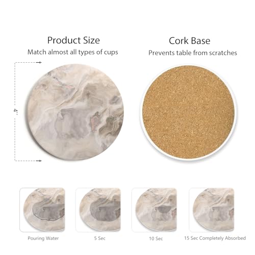 Image of Set of 6 Abstract Marble Coasters with Holder, Absorbent Ceramic Coasters for Drinks, Coasters with Cork Backing for Table Protection, Housewarming Gifts for New Home