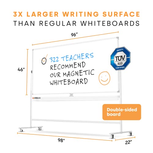 Mobile Whiteboard - 96x46 Large Height Adjust 360° Rolling Double Sided Dry Erase Board, Magnetic White Board on Wheels, Office Classroom Portable Easel with Stand, Flip Chart Holders and Pad | White - Thumbnail 6