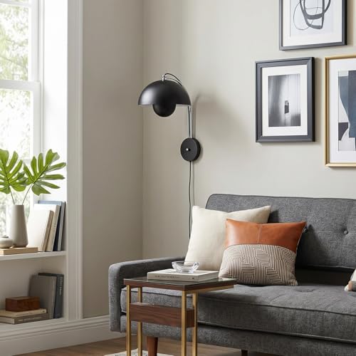 Image of Mid-Century Modern Bud Plug in Wall Sconces for Bedroom, Glossy Black | Indirect lighting reading wall lamp, all-metal construction, plug-in or hardwired install, fits bedroom bedside, living room