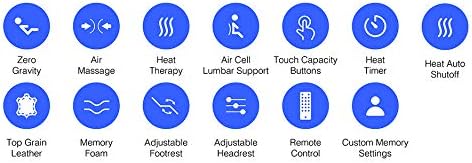 Icons representing features of the Svago ZGR Newton recliner: Zero Gravity, Air Massage, Heat Therapy, Air Cell Lumbar Support, Touch Capacity Buttons, Heat Timer, Heat Auto Shutoff, Top Grain Leather, Memory Foam, Adjustable Footrest, Adjustable Headrest, Remote Control, Custom Memory Settings.