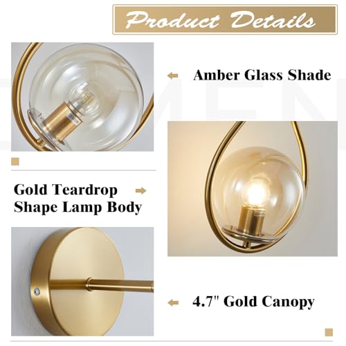Image of KCO Lighting Teardrop Wall Sconce Brass Gold Wall Sconce Set of 2 Vintage Amber Glass Wall Light Mid Century Modern Bathroom Vanity Light