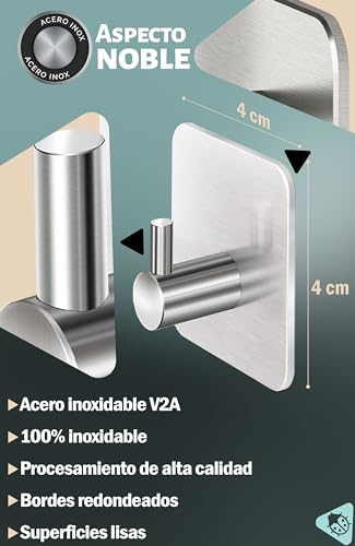 Menz ganchos adhesivos para pared inox, 6 piezas - toalleros de baño sin taladro - colgadores autoadhesivos resistentes, percha para albornoz ropa paño de cocina, Plateado - imagen 5