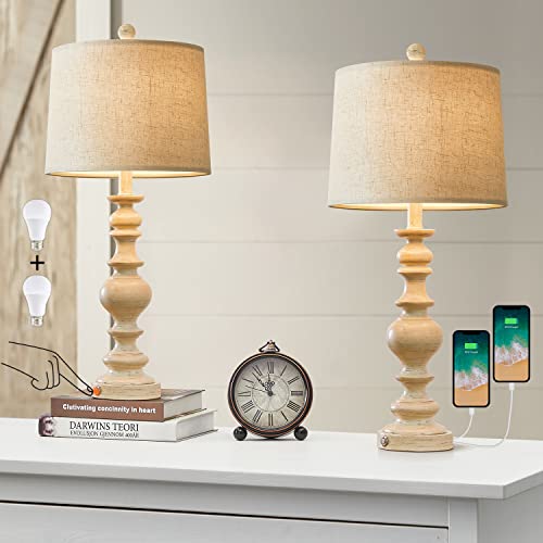 Bobomomo 27.5" Rustic 3-Way Dimmable Touch Control Table Lamp Set Of 2 For Bedroom Farmhouse Bedside Nightstand Lamps With 2 Usb Charging Ports For Living Roomtraditional Desk Lamp (2 Bulbs Included) #TOP2