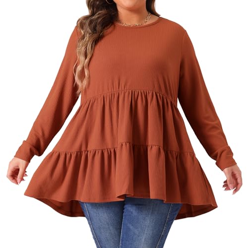 Agnes Orinda Plus Size Babydoll Tops for Women Long Sleeve Crew Neck Casual Loose Peplum Tops Blouses Tunics