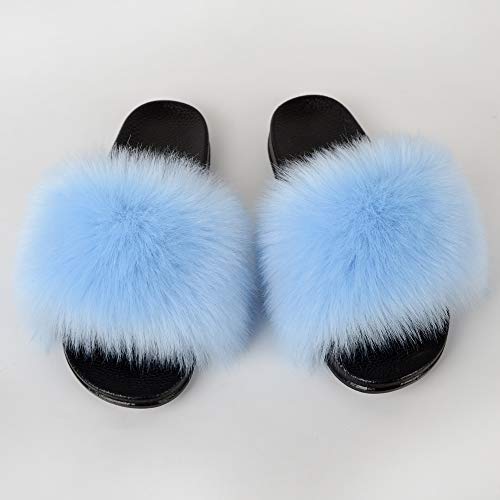 Image of MH Bailment Womens Furry Fluffy Slippers Faux Fur House Slippers Open Toe Fuzzy Slides Soft Flat Slip On Sandals for Indoor Outdoor