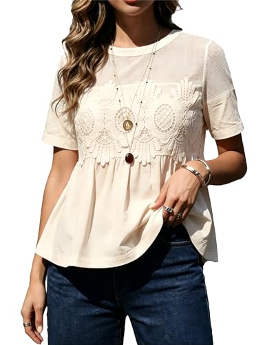 TBETNE Women's Babydoll Lace Blouses Short Sleeve Crew Neck Ruffle