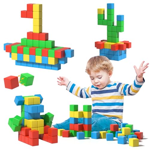 Image of Asago Magnetic Blocks Large, 56PCS 1.34in Magnetic Building Blocks, 3D Magnetic Cubes for Toddlers, Preschool Educational Construction Kit, Sensory Montessori Toys Kids Blocks for Boys Girls Toddlers