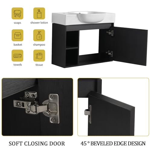 Image of 26 inch Wall Mounted Bathroom Vanity with Integrated Ceramic Sink, Modern Floating Bathroom Cabinet with Soft-Close Door & 2 Open Storage Shelves, Small Bath Vanity Set, Easy to Clean, Dark Oak