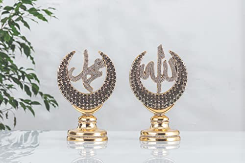 Yagmurcan Set Of 2 Arabic Allah And Muhammad Name Crescent Islamic Home Wall Table Decor Rhinestones Islamic Art Ornament Gold Tone #TOP2