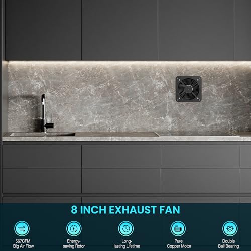 HG Power 8 Inch Exhaust Fan with Speed Controller, 567CFM Kitchen Exhaust Fan with Shutter Damper, Wall Exhaust Fan, Metal Extractor Fan for Ceiling, Bathroom, Basement, Attic, Window Ventilation