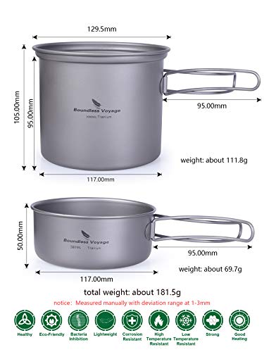 Ibasingo 2 Piece-Set(1000Ml+500Ml) Titanium Bowl Pot Set With Folding Handle Outdoor Camping Picnic Pan Ultralight Cooking Tableware Picnic Dishes A-Ti2038C #TOP1