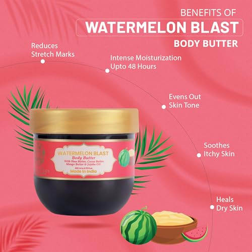 Image of RYLLZ ESSENTIALS Watermelon Blast Body Butter | with Shea Butter, Cocoa Butter, Mango Butter, Niacinamide & Jojoba Oil | for 48Hrs Moisturisation, Stretch Marks, Dry /Itchy Skin & Uneven Skin Tone | 200 ml