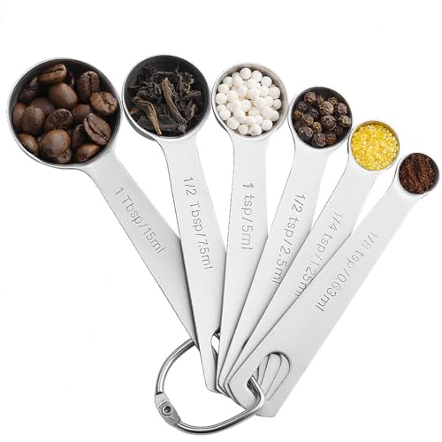 Measuring Spoons Set – 6-Piece Stainless Steel Measurement Spoons with Etched Markings, Heavy-Duty Kitchen Measuring Spoon Set with Ring Holder