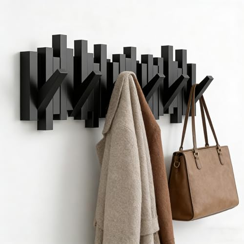 CAQ Wall Mount Coat Rack 6 Hooks, Wood Wall Coat Hooks Piano Key Style Folding, Wall Coat Hooks Magnetic Hanger for Entryway Bedroom, Black