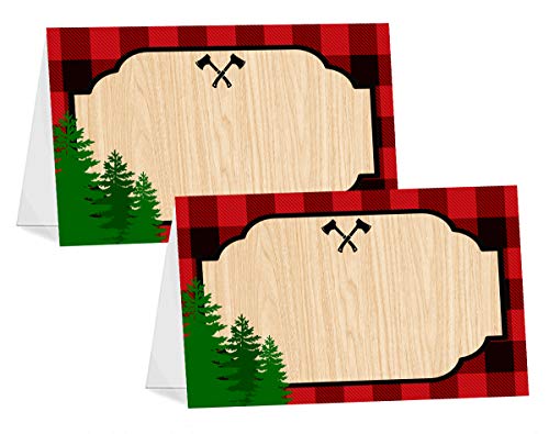 POP parties Lumberjack Table Tents - 12 Lumberjack Buffet Cards - Lumberjack Buffalo Plaid Place Cards - Lumberjack Decorations - Camping Party Decorations - Lumberjack Party Supplies