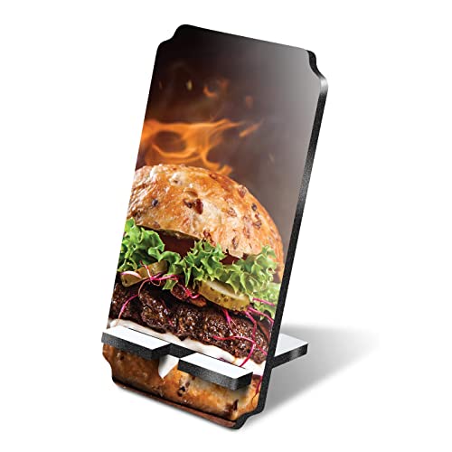 Destination Vinyl Ltd 1 x 5mm MDF Mobile Phone Stand - Flaming Burger Food Grill Wooden Stand Holder for Mobile Phone, Smartphone #2654
