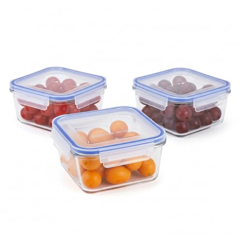Image of Amazon Brand - Solimo Square Glass Food Storage Container, 900 ml - Set of 3, Airtight & Leakproof, Microwave & Freezer Safe, Transparent