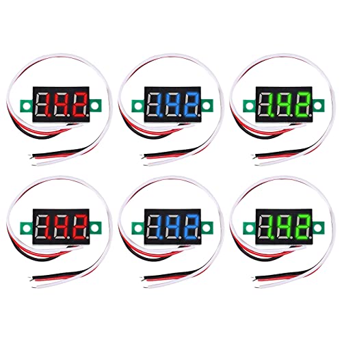 6pcs Voltage Tester 0.36" 3 Wire DC 0-30V 3-Digit Voltmeter Gauge Tester 3 Colors LED Display Voltage Tester Small Battery Monitor Voltage Meter Blue Red Green