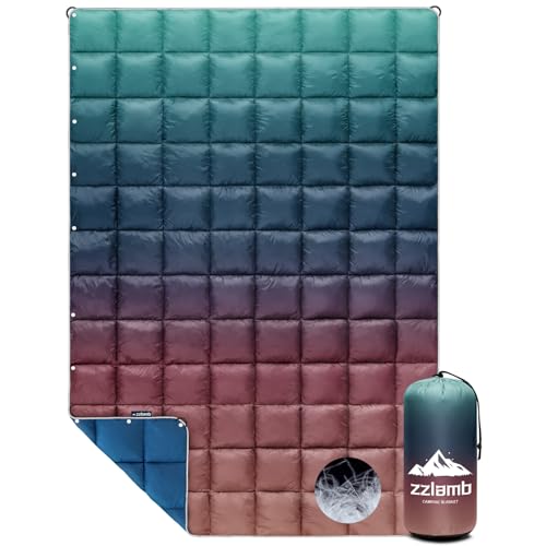 zzlamb Down Camping Blanket,Outdoor Travel Camp Quilt,Warm & Lightweight Camping Essential Packable for Sleeping,Backpacking,Picnic,Hiking, Purple Green Fade 52x75in