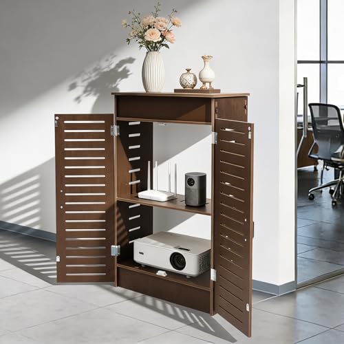 Peakora Floor Standing WiFi Router Storage Cabinet, 19.7" Walnut PVC Cabinet with Cable Management, Large Double-Deck Shelf for Modem and Power Strip, Organizer for Home Office Living Room