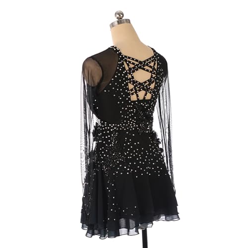 Vestido de patinação artística, brilhante strass flor malha mangas na ponta dos dedos fantasia de co