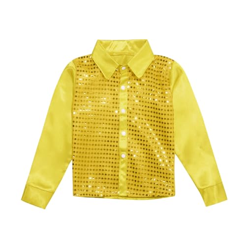 Haut de danse à paillettes scintillantes pour garçons, t-shirt à manches longues avec boutonnière, costume de danse jazz pour enfants et filles, jaune, 3-4 ans
