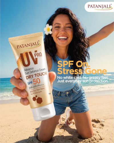 Image of Patanjali UV Pro Advance Sun Defence Cream SPF 50 PA+++50g, Dry Touch, Non-Oily, Non-Sticky Sunscreen for All Skin Types, Ayurvedic Sunblock, Broad Spectrum UVA /UVB Protection Pack of 1