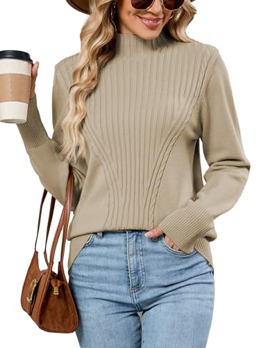 Image of Famulily Mock Neck Women's Sweater Ladies Long Sleeve Knitted Jumpers Warm Pullover Basic Tops (XL, Deep Apricot)