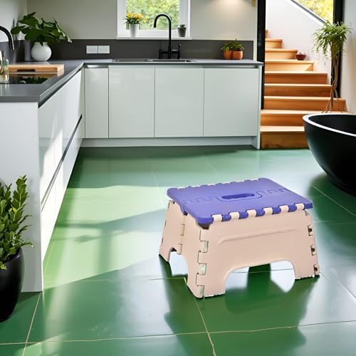 Image of U-MAX 7-Inch Folding Stool - Compact, Portable Step Stool for Kids & Adults, Lightweight Plastic Design, Slip-Resistant, Ideal for Kitchen, Bathroom, Camping & Travel (Blue&Ivory)