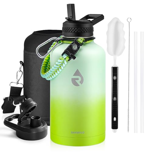 Image of RAYMYLO Insulated Water Bottle 64 oz, Triple Wall Vacuum Stainless Steel (Cold for 48 Hrs), Leak Proof & Non-BPA, Half Gallon Water Flask Jug with Paracord Handle & Straw Spout Lids