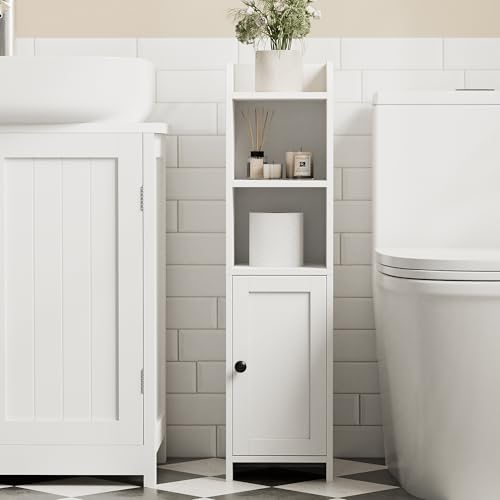 Homhedy Small Bathroom Storage Corner Floor Cabinet with Door and Shelves, Beside The Toilet Paper Stand for Skinny, Narrow Toilet Paper Cabinet, 9.8\" D x 7.9\" W x 31\" H, White