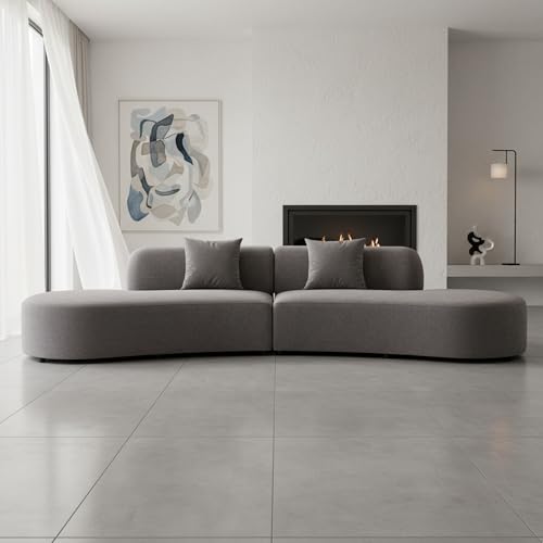 Image of Container Furniture Direct Belmont 132 inch Curved Sofa with Throw Pillows, 6 Seater Luxury Velvet Couch with Half Moon Design and High-Density Foam, Ideal for Modern Living Room, Office & Apartment, Grey