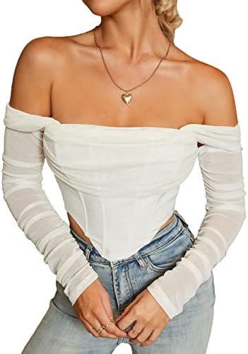 Mesh Sheer Long Sleeve Corset Crop top Ruched off Shoulder Blouse Push Up Party Boned Bustier for Cute Women Trendy
