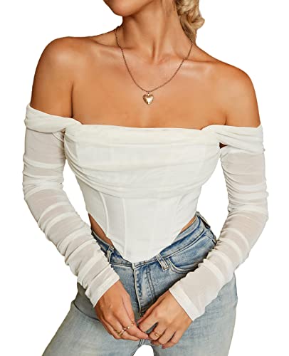 Mesh Sheer Long Sleeve Corset Crop Top Ruched Off Shoulder Blouse Push Up Party Boned Bustier For Cute Women Trendy #TOP30