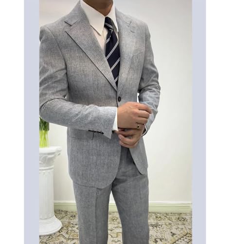 Men's Linen Suits 2 Pieces Summer Business Modern Fit Groomsmen Wedding Tuxedos Jacket& Pants3