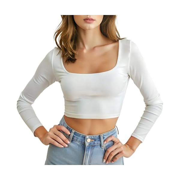 1 & 9 Long Sleeve Crop Tops for Women Square Neck Polyester Basic Slim Fit Cropped Y2K Trendy Going Out Top