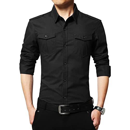 Men's Long Sleeve Button Down Shirts Turn-Down Collar Slim Fit Shirt Stylish Business Tactical Shirts with Pockets (Black,Medium)