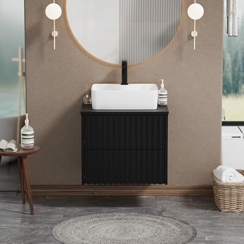 UEV Meuble Salle de Bain, Meuble Suspendu 60cm avec Vasque à Poser, Lavabo en Céramique, Deux Tiroirs avec Grand Espace de Rangement, Motif de Ligne, 60 x 45...