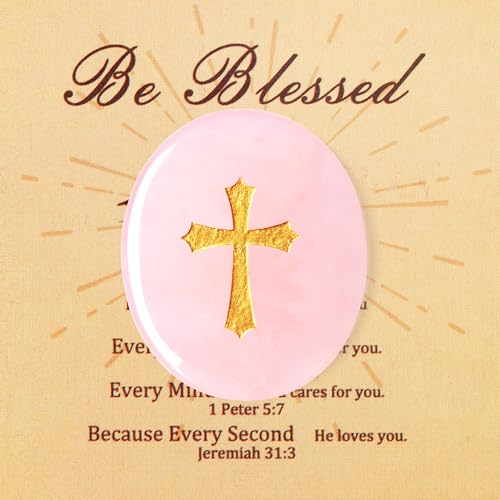 YATOJUZI Rose Quartz Natural Healing Crystals Stones Worry Stone for Anxiety Pink Christian Gifts for Women Crucifix Cross Gemstones 1PCS